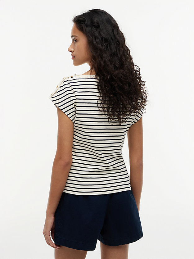 Gold-Tone Button Boat Neck T-Shirt