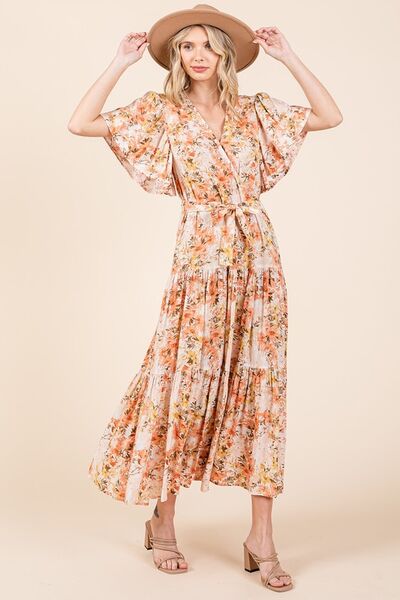 Robe étagée à manches volantées et taille nouée à imprimé floral Mittoshop