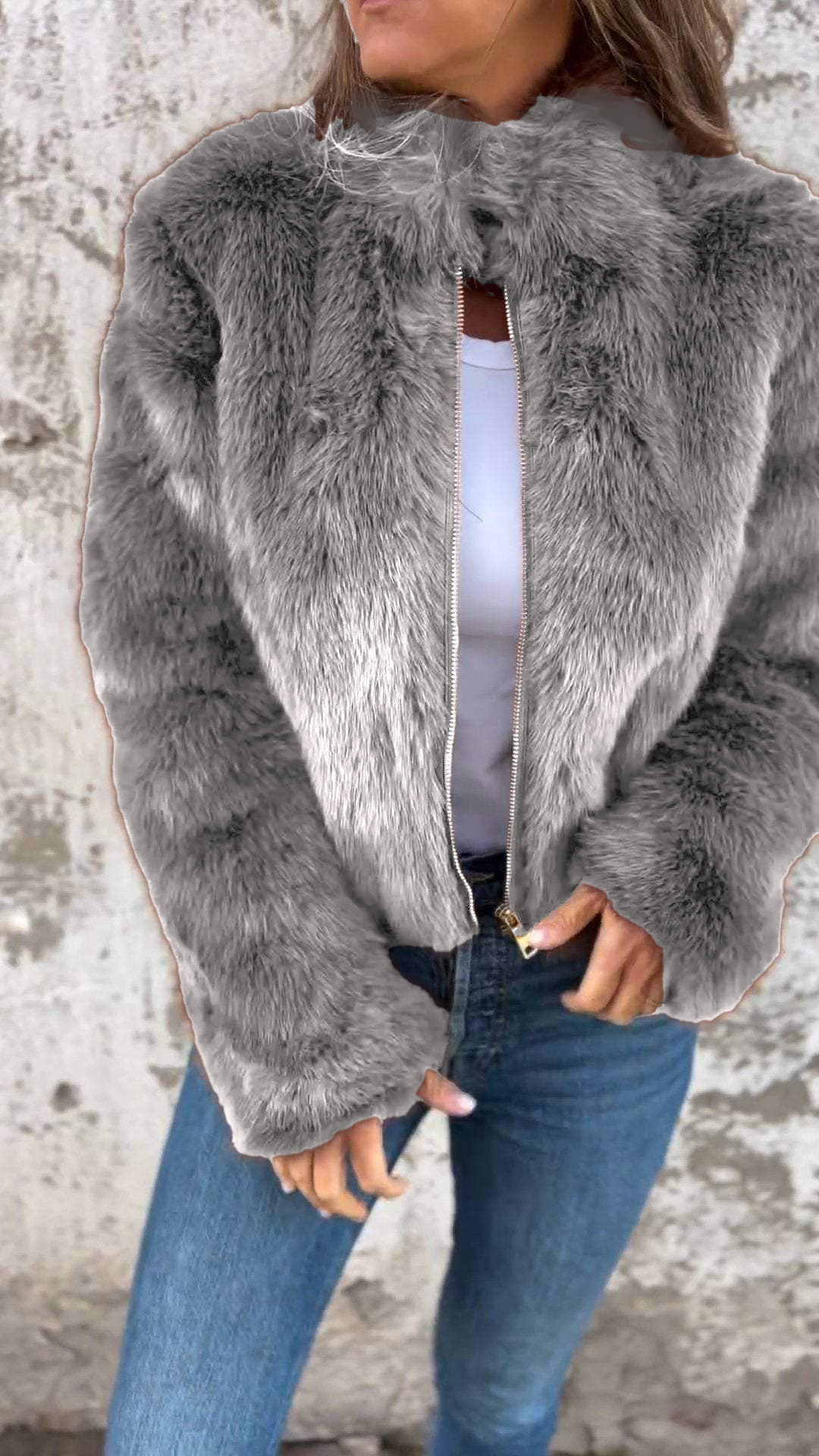 Damen High Collar Pelz-Reißverschluss Freizeitjacke