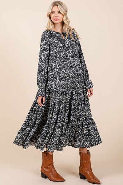 Mittoshop bedrucktes Midi-Kleid mit Bindekragen und Volantärmeln