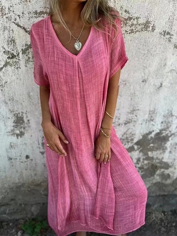 Midi-Kleid aus Baumwolle und Leinen mit V-Ausschnitt