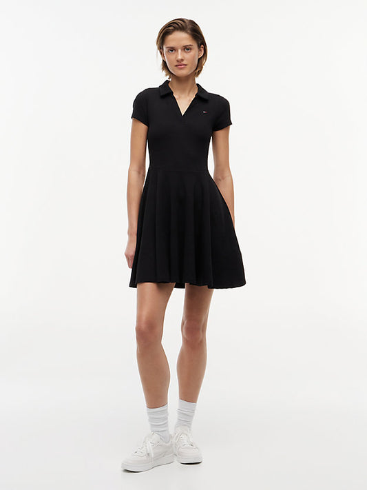 Ribbed Fit And Flare Mini Polo Dress