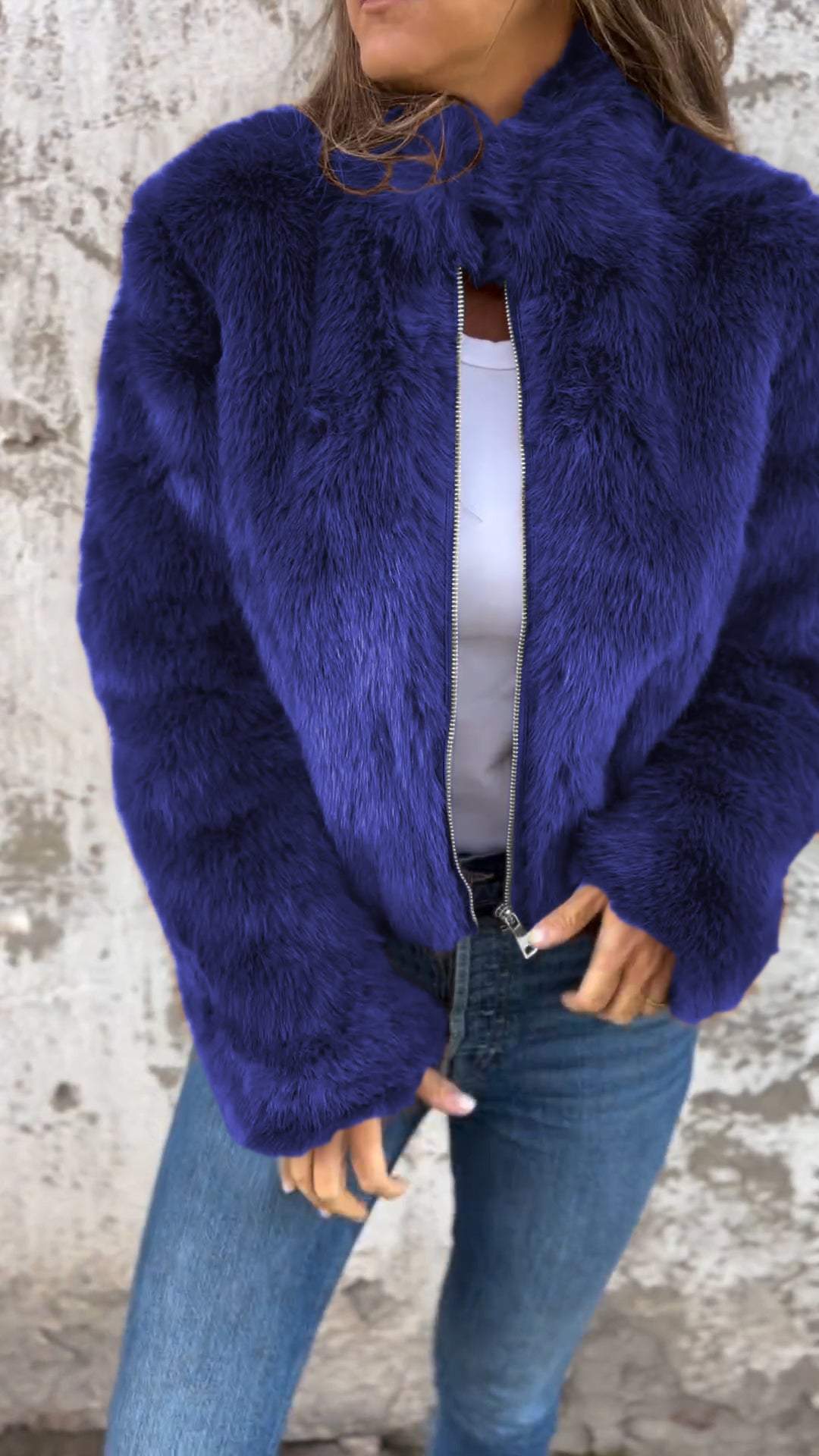 Damen High Collar Pelz-Reißverschluss Freizeitjacke