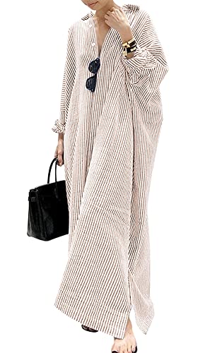 Damen Lässiges Langarm Button-Down Langes Gestreiftes Baumwoll-Hemdblusenkleid