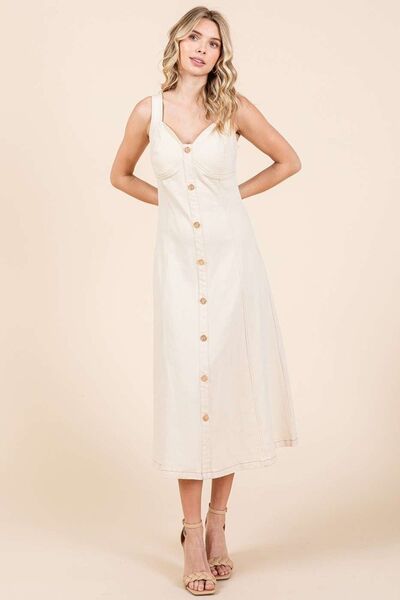 Robe midi sans manches en sergé stretch avec boutons décoratifs Mittoshop