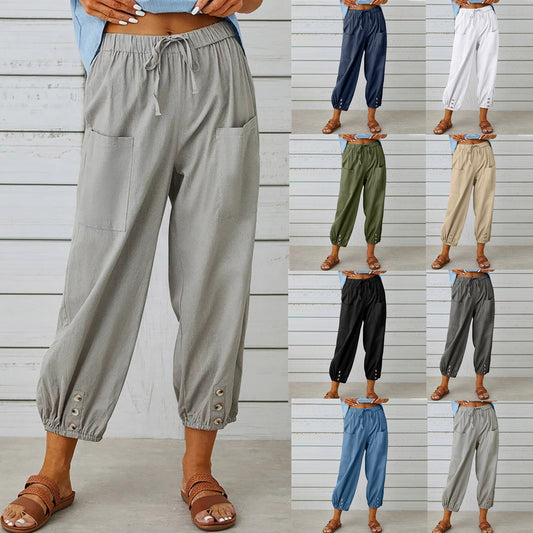 Pantalon femme Pantalon taille haute boutonné en coton et chanvre pantalon neuf points jambes larges