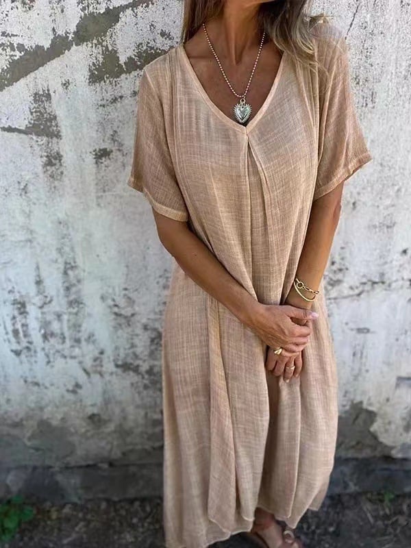 Midi-Kleid aus Baumwolle und Leinen mit V-Ausschnitt