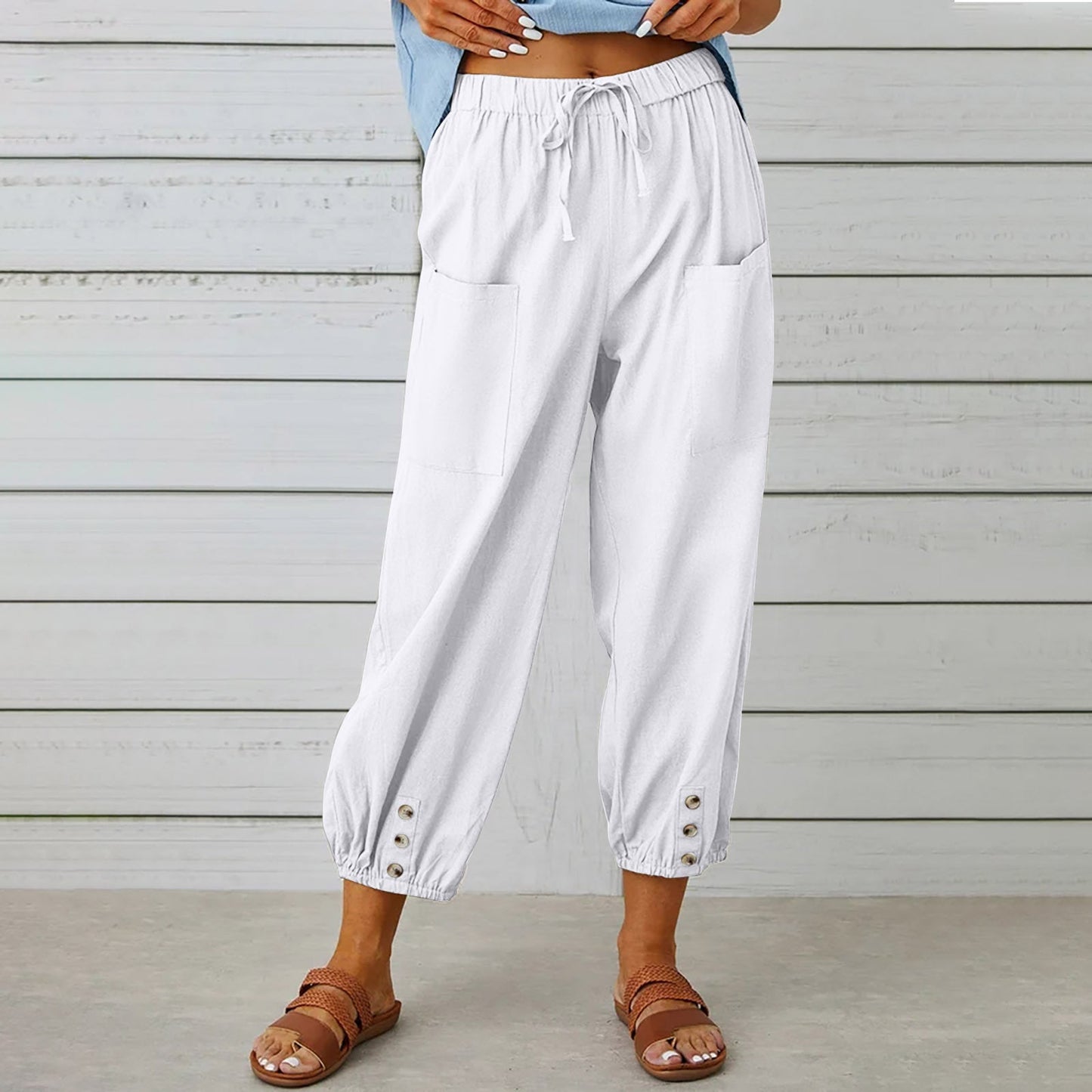 Pantalon femme Pantalon taille haute boutonné en coton et chanvre pantalon neuf points jambes larges