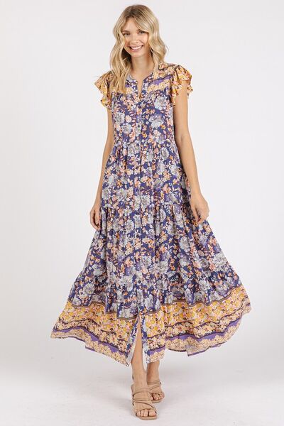 Robe longue Mittoshop fleurie à volants, encolure en V et manches courtes à revers