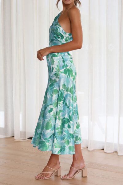 Robe midi asymétrique imprimée froncée