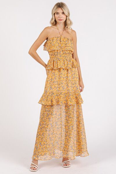 Maxikleid mit gerafftem Smocked-Blumenmuster und Neckholder von Mittoshop