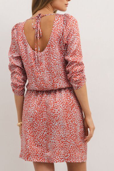 Robe Courte Imprimée à Encolure Ronde et Liens Fendue