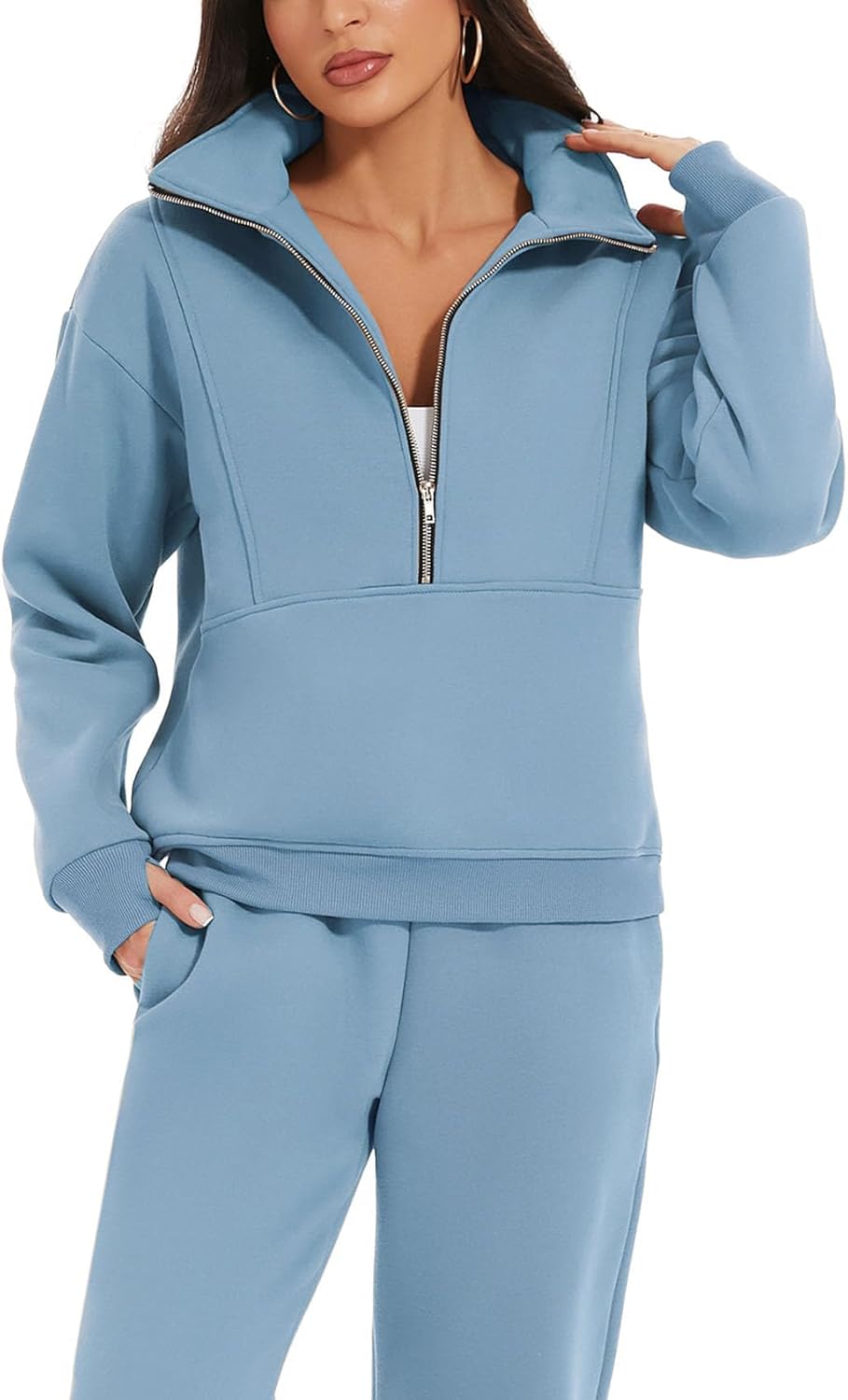 NOUVEAU🔥Ensemble 2 pièces femme, sweat en molleton demi-zip et jogging, survêtement