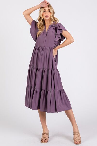 Robe mi-longue étagée à col V, volants aux manches et col en pointe Mittoshop