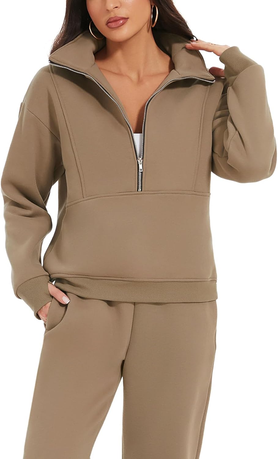 NOUVEAU🔥Ensemble 2 pièces femme, sweat en molleton demi-zip et jogging, survêtement