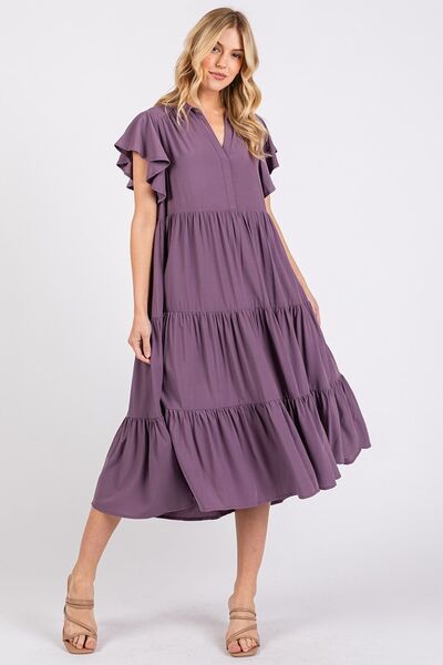 Robe mi-longue étagée à col V, volants aux manches et col en pointe Mittoshop