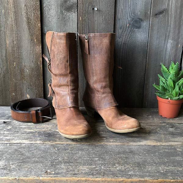 Bottes en cuir à talons carrés moyens avec fermeture éclair latérale pour femme