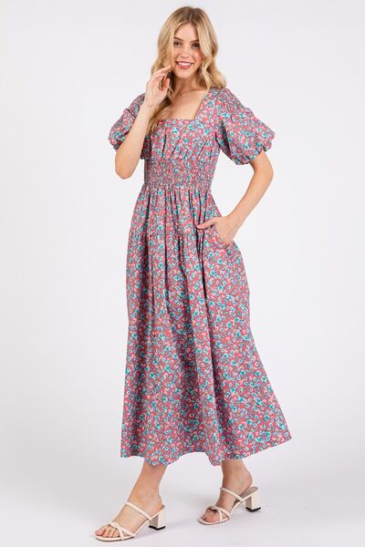 Robe midi Mittoshop à encolure carrée et manches bouffantes à motif floral smocké