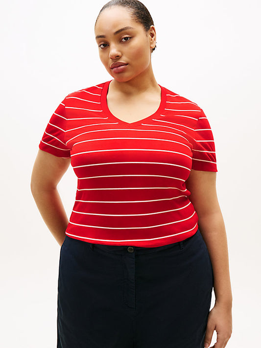 Curve Flag Embroidery V-Neck Slim T-Shirt