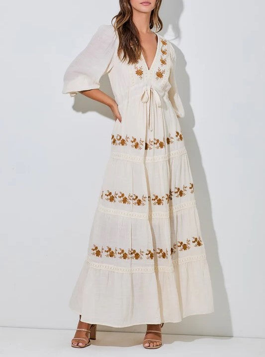 Damen V-Ausschnitt Maxi-Kleid mit Blumenstickerei (2 kaufen, kostenloser Versand)