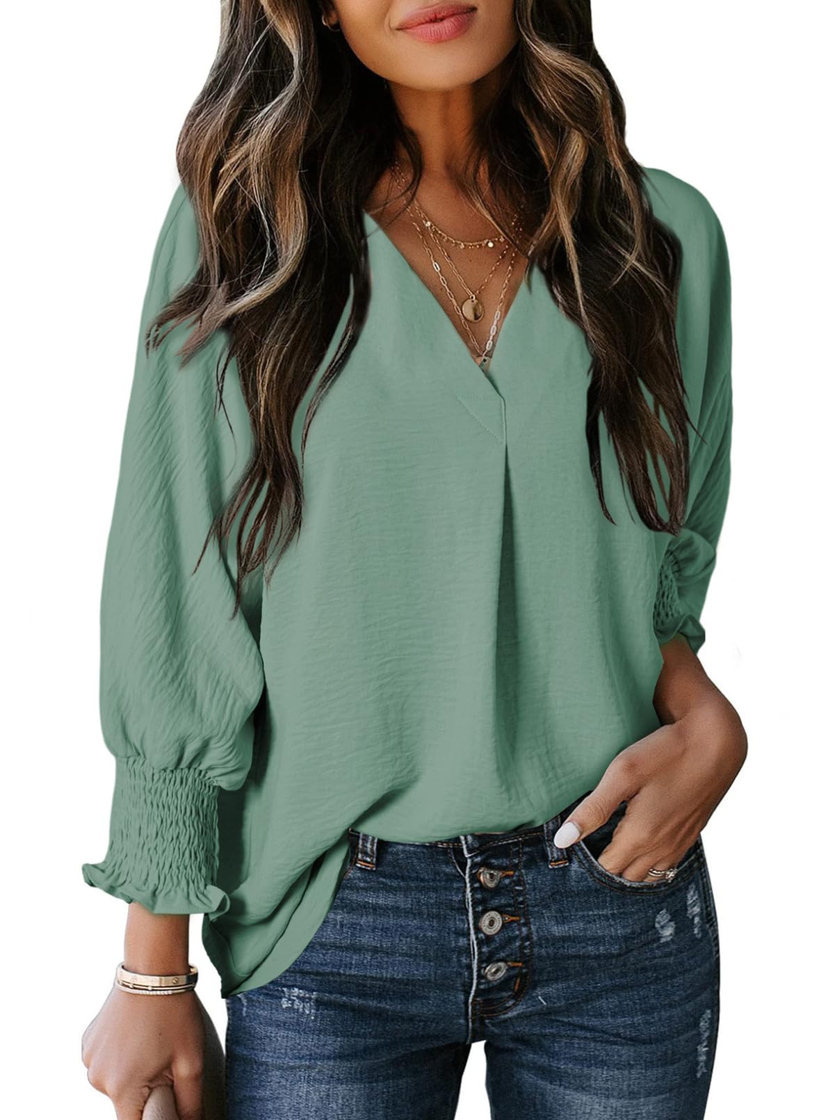 Damen Freizeit 3/4 Ärmel V-Ausschnitt Basic-Oberteile (2 kaufen, kostenloser Versand)