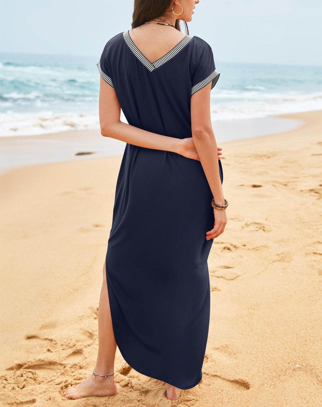 Damen V-Ausschnitt Schlitz Langes, lockeres Kleid (2 kaufen, kostenloser Versand)