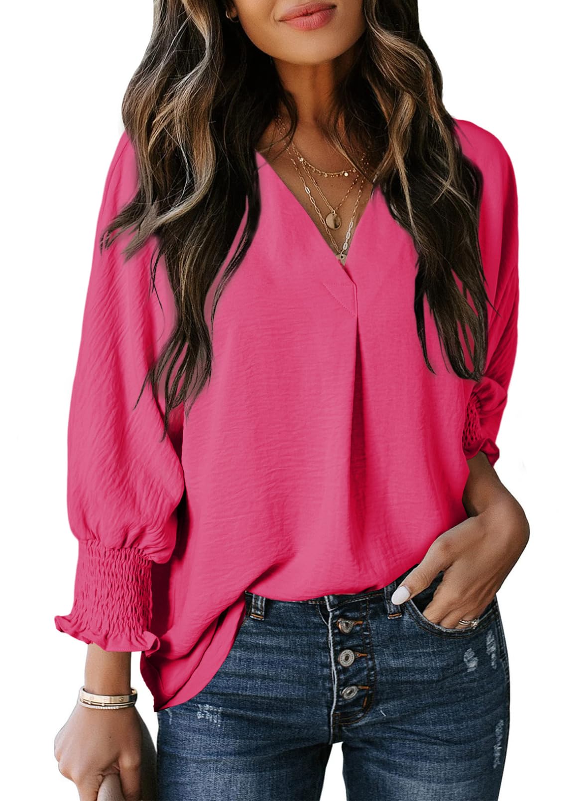 Damen Freizeit 3/4 Ärmel V-Ausschnitt Basic-Oberteile (2 kaufen, kostenloser Versand)