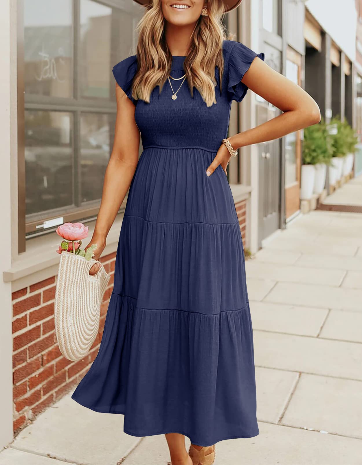 Robe midi décontractée d'été à manches courtes fluides pour femme