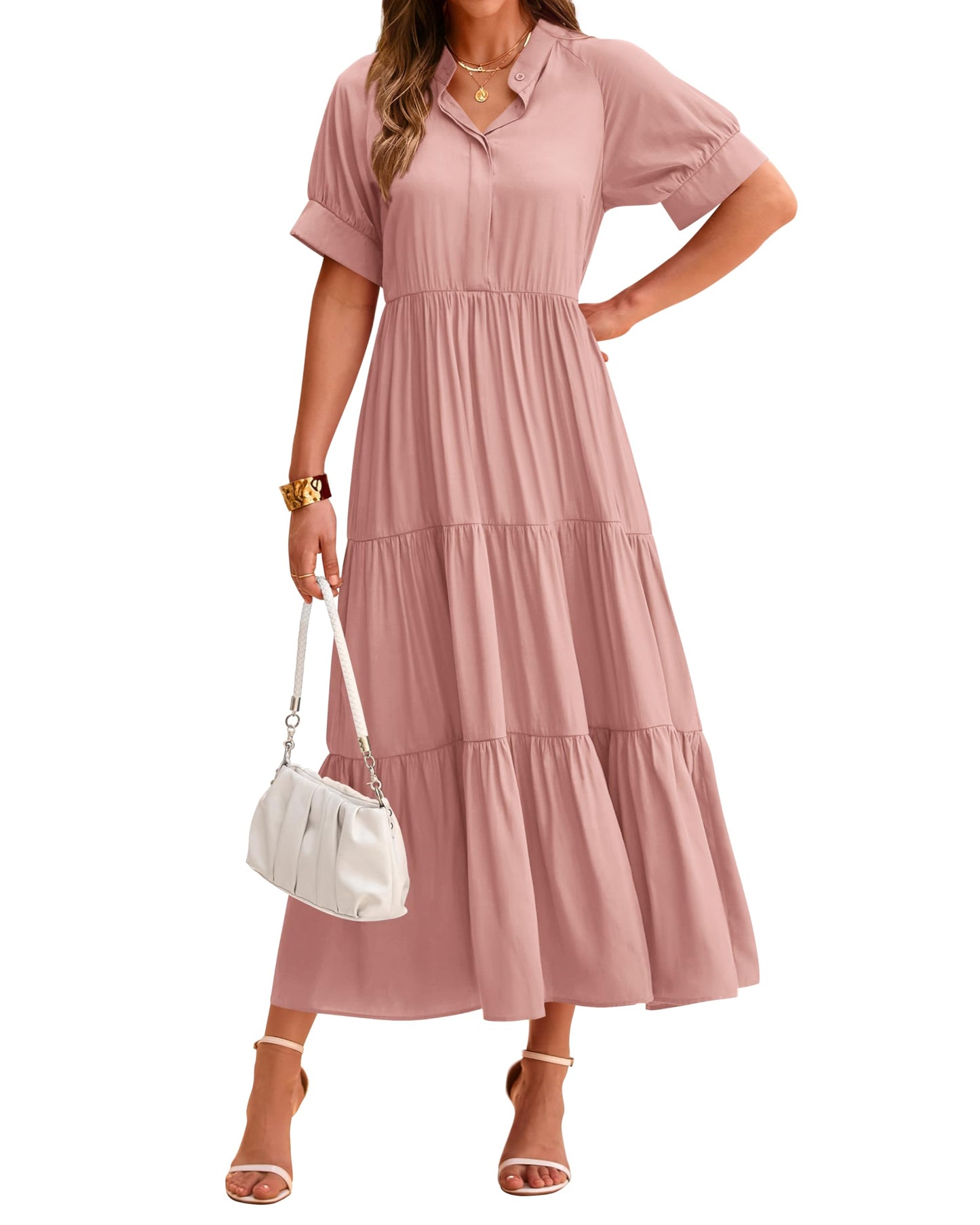 Robe midi plissée décontractée à manches courtes boutonnée pour femme (2 achetés = livraison gratuite)