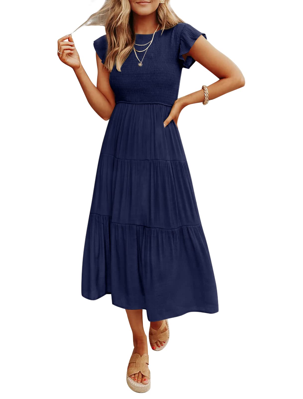 Robe midi décontractée d'été à manches courtes fluides pour femme