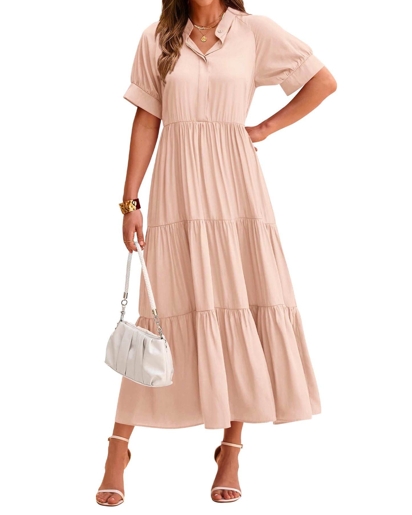 Robe midi plissée décontractée à manches courtes boutonnée pour femme (2 achetés = livraison gratuite)