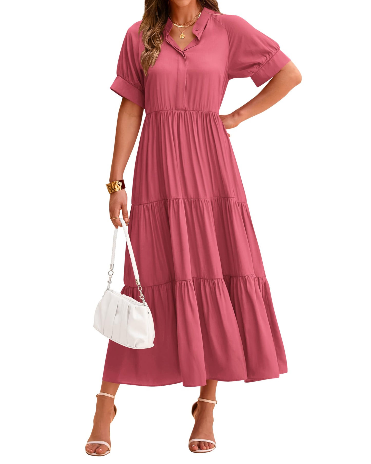 Robe midi plissée décontractée à manches courtes boutonnée pour femme (2 achetés = livraison gratuite)