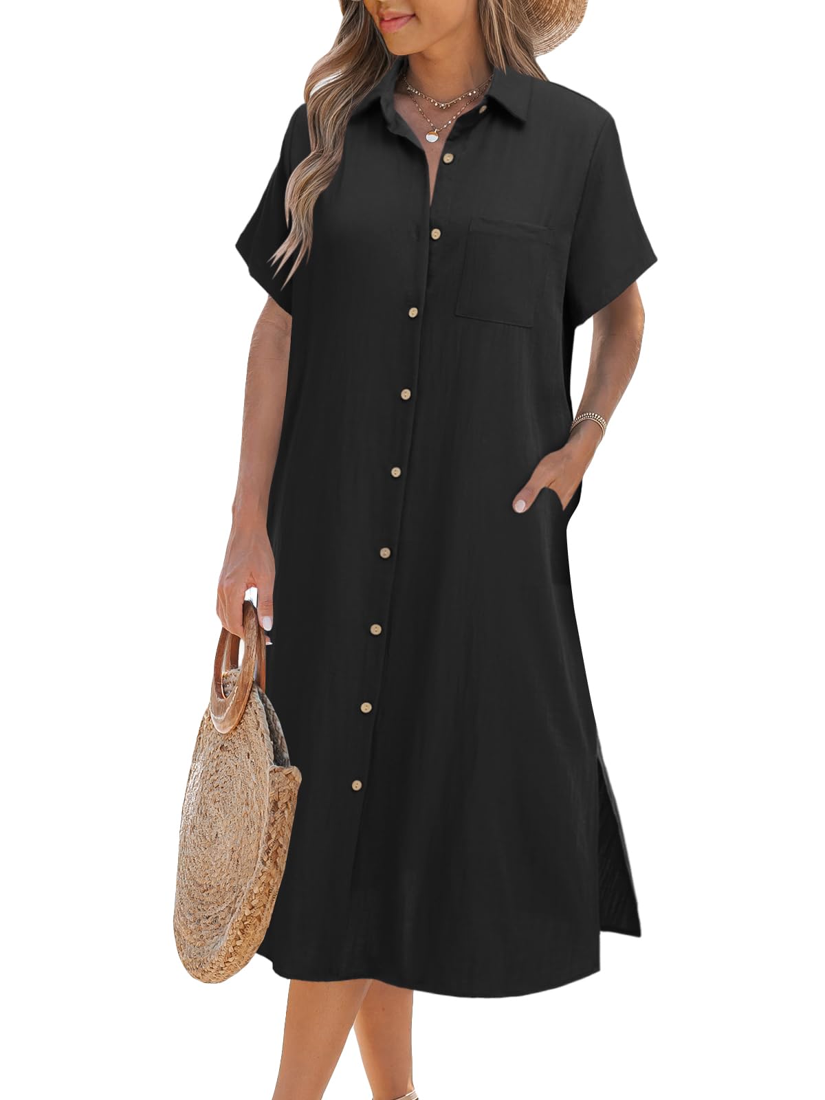 Robe chemise boutonnée à manches courtes pour femme (achetez-en 2, livraison gratuite)