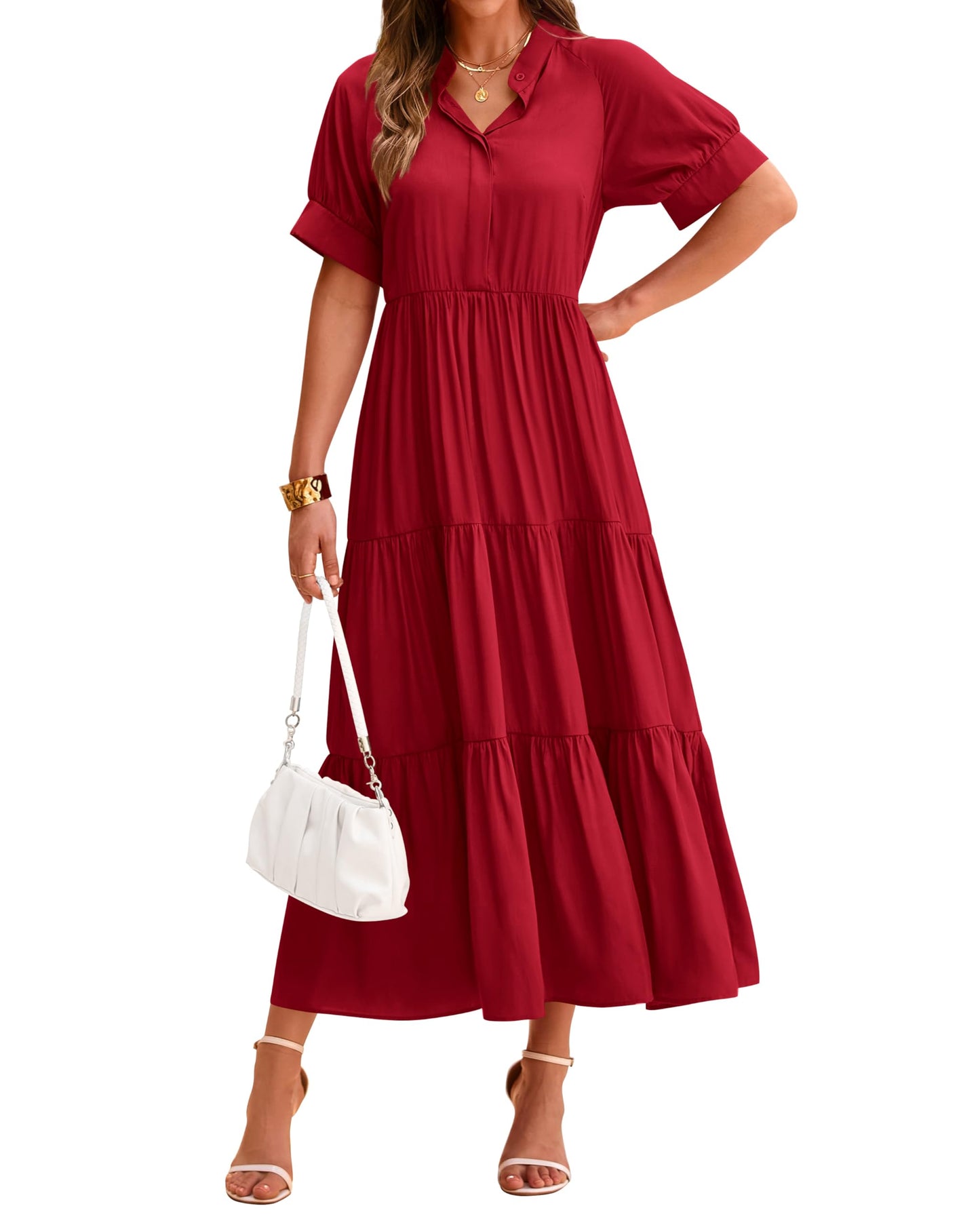 Robe midi plissée décontractée à manches courtes boutonnée pour femme (2 achetés = livraison gratuite)