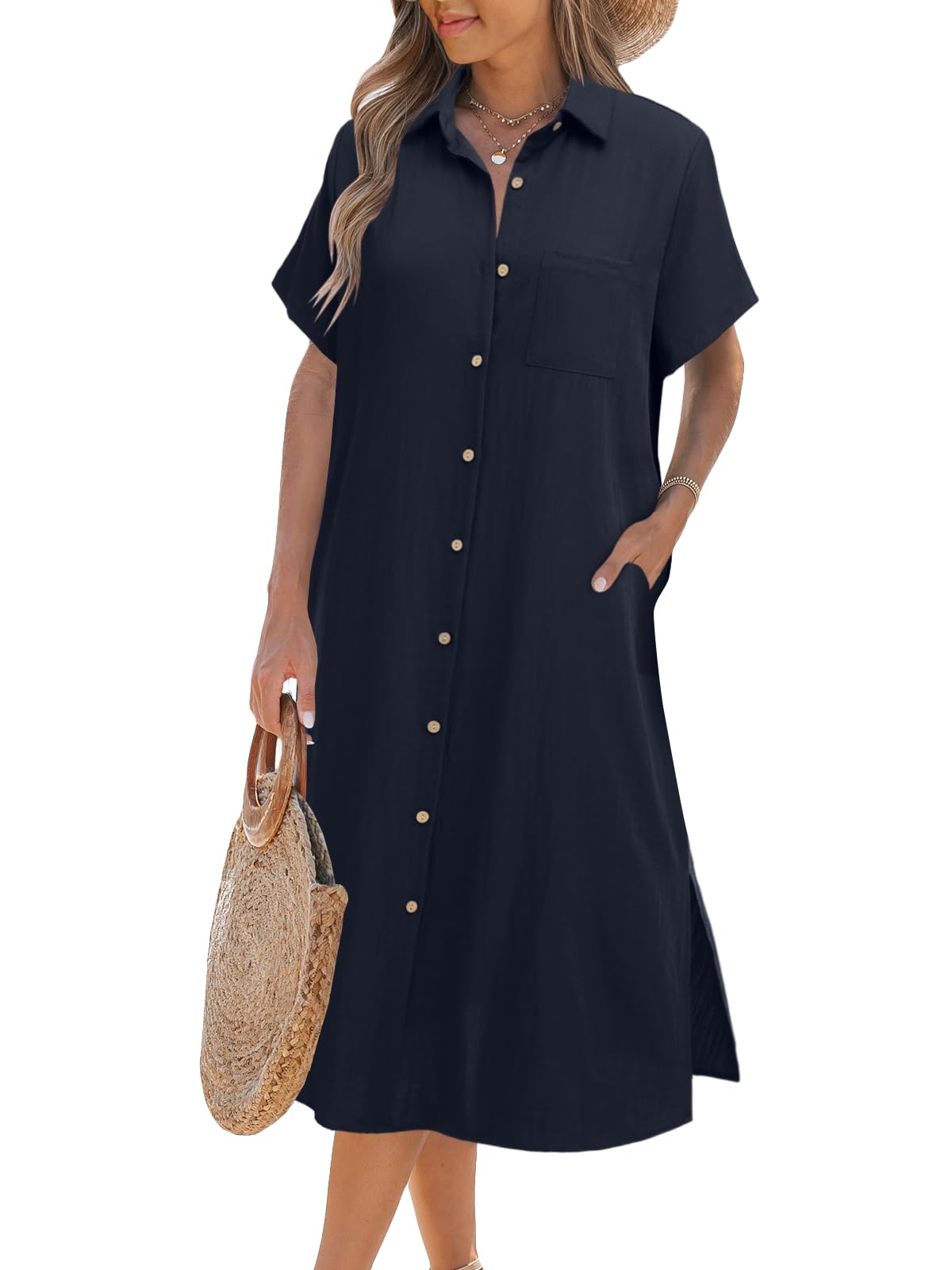 Robe chemise boutonnée à manches courtes pour femme (achetez-en 2, livraison gratuite)