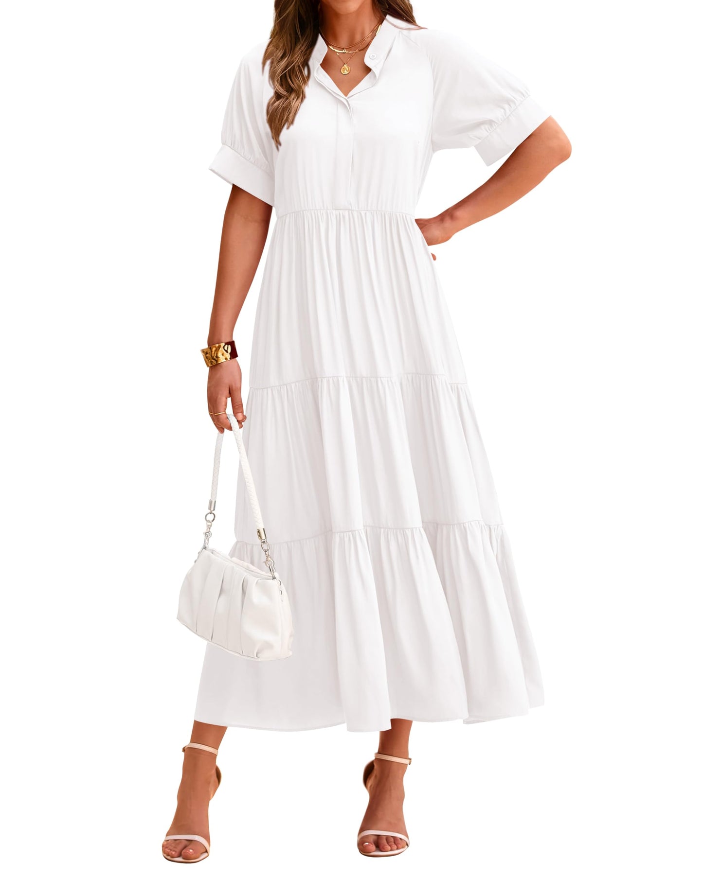 Robe midi plissée décontractée à manches courtes boutonnée pour femme (2 achetés = livraison gratuite)