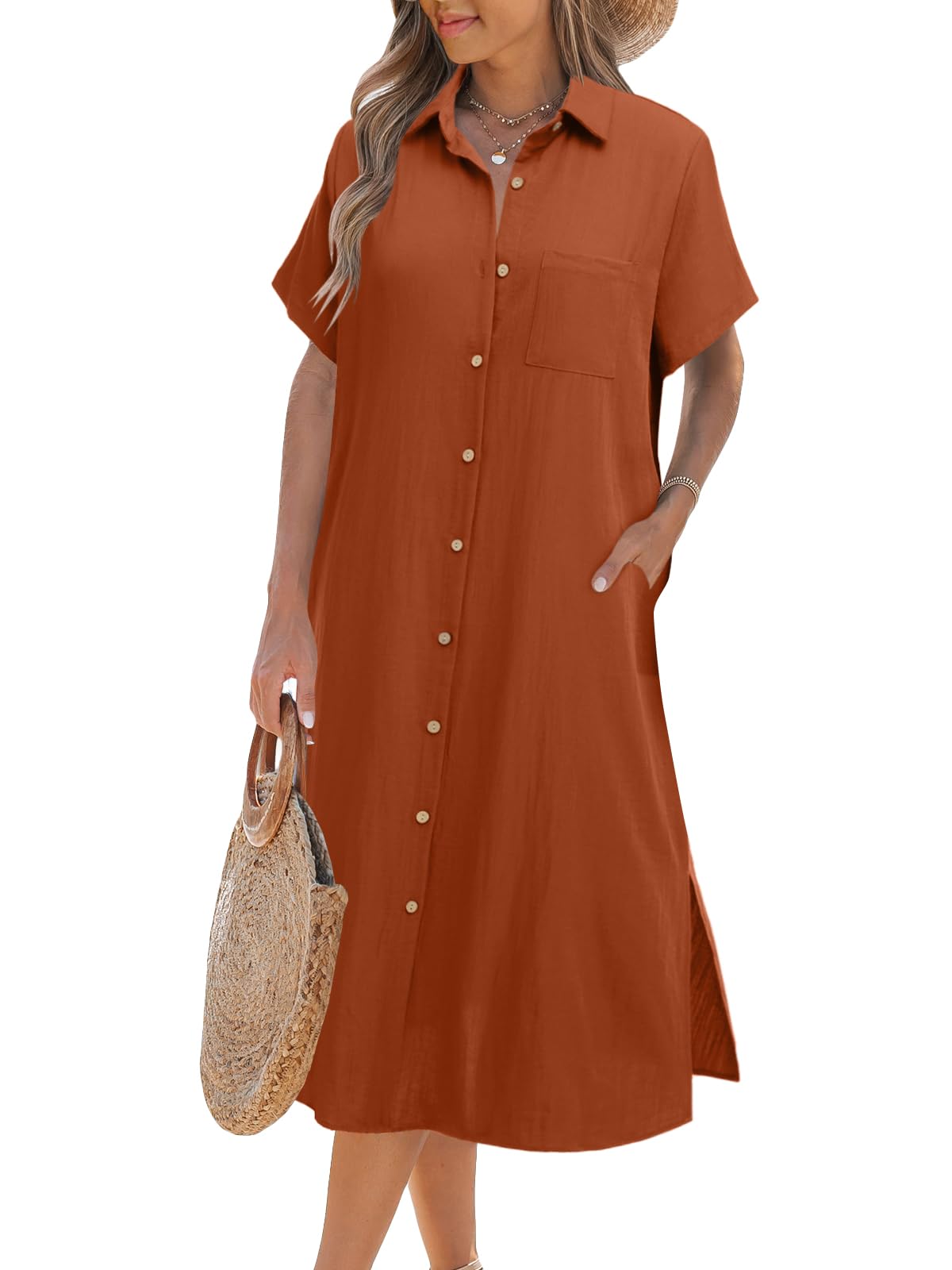 Robe chemise boutonnée à manches courtes pour femme (achetez-en 2, livraison gratuite)