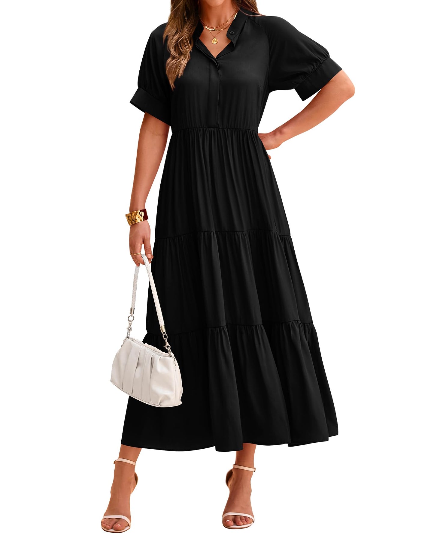 Robe midi plissée décontractée à manches courtes boutonnée pour femme (2 achetés = livraison gratuite)