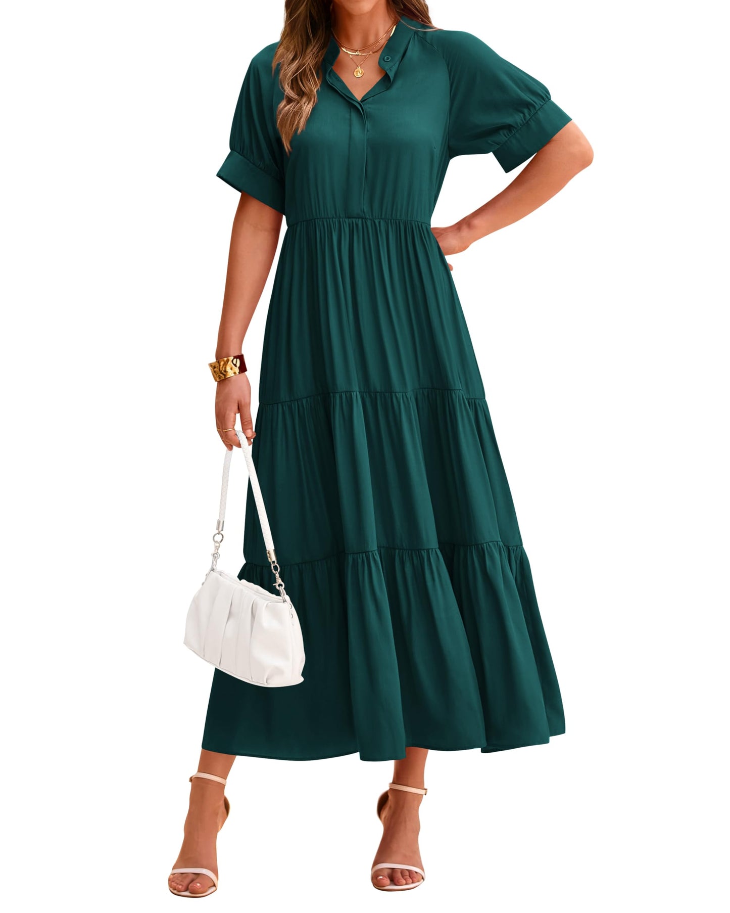 Robe midi plissée décontractée à manches courtes boutonnée pour femme (2 achetés = livraison gratuite)