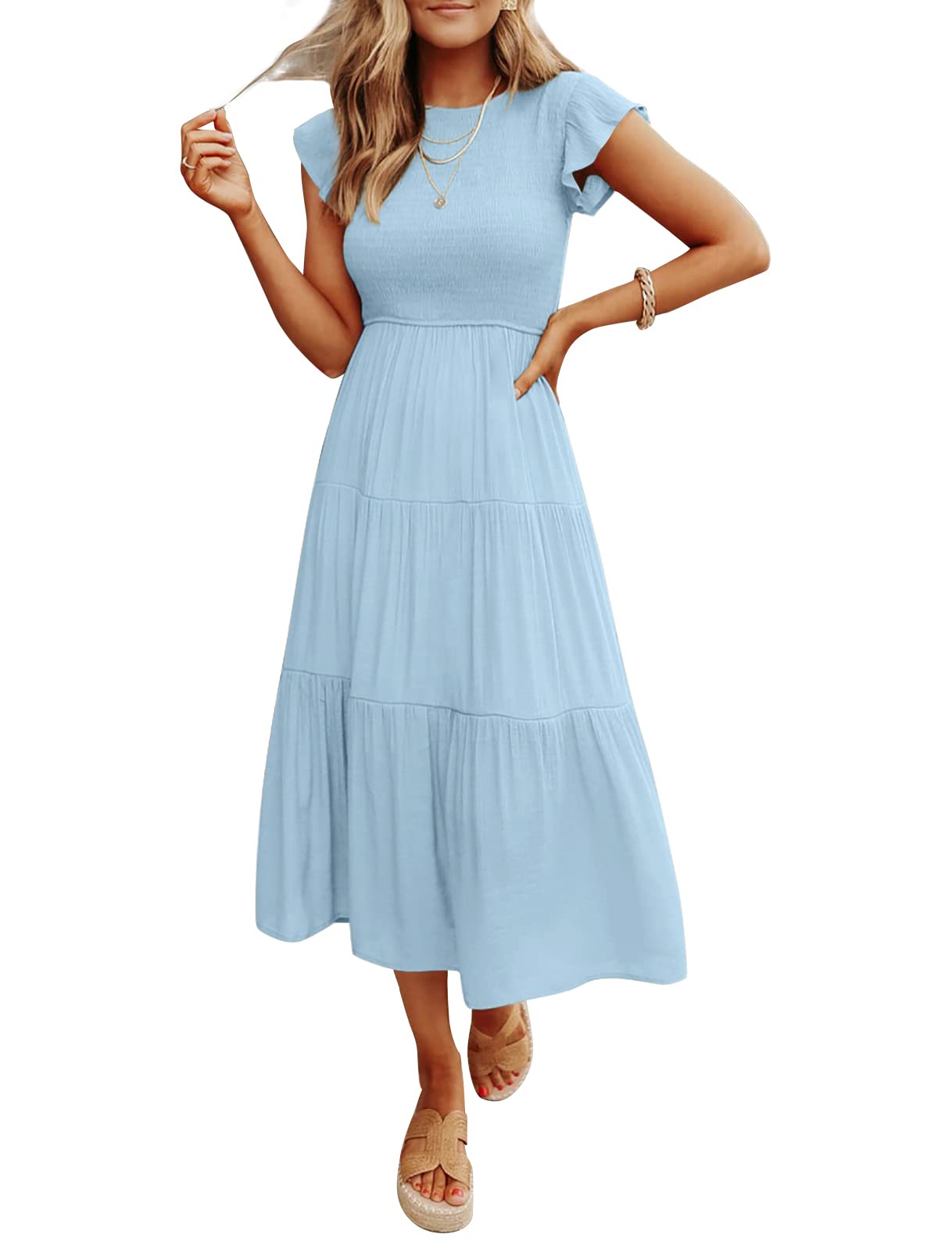 Robe midi décontractée d'été à manches courtes fluides pour femme