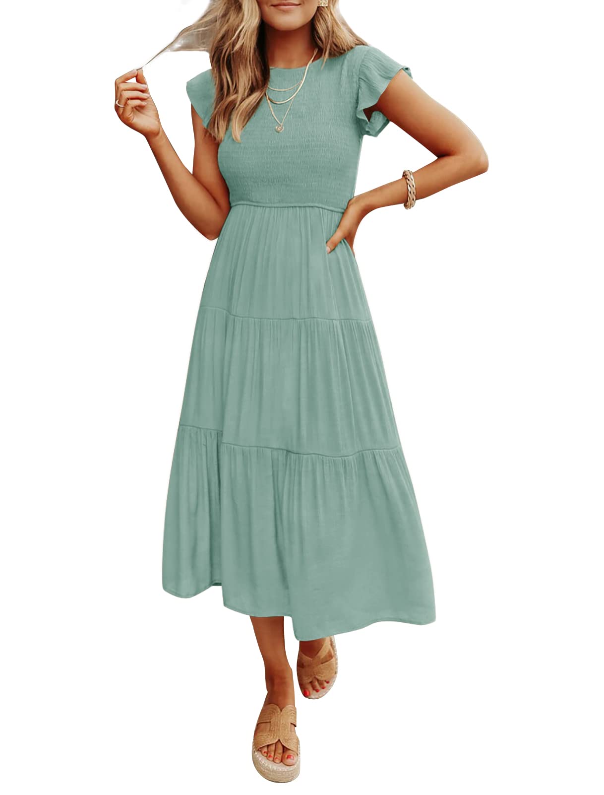 Robe midi décontractée d'été à manches courtes fluides pour femme