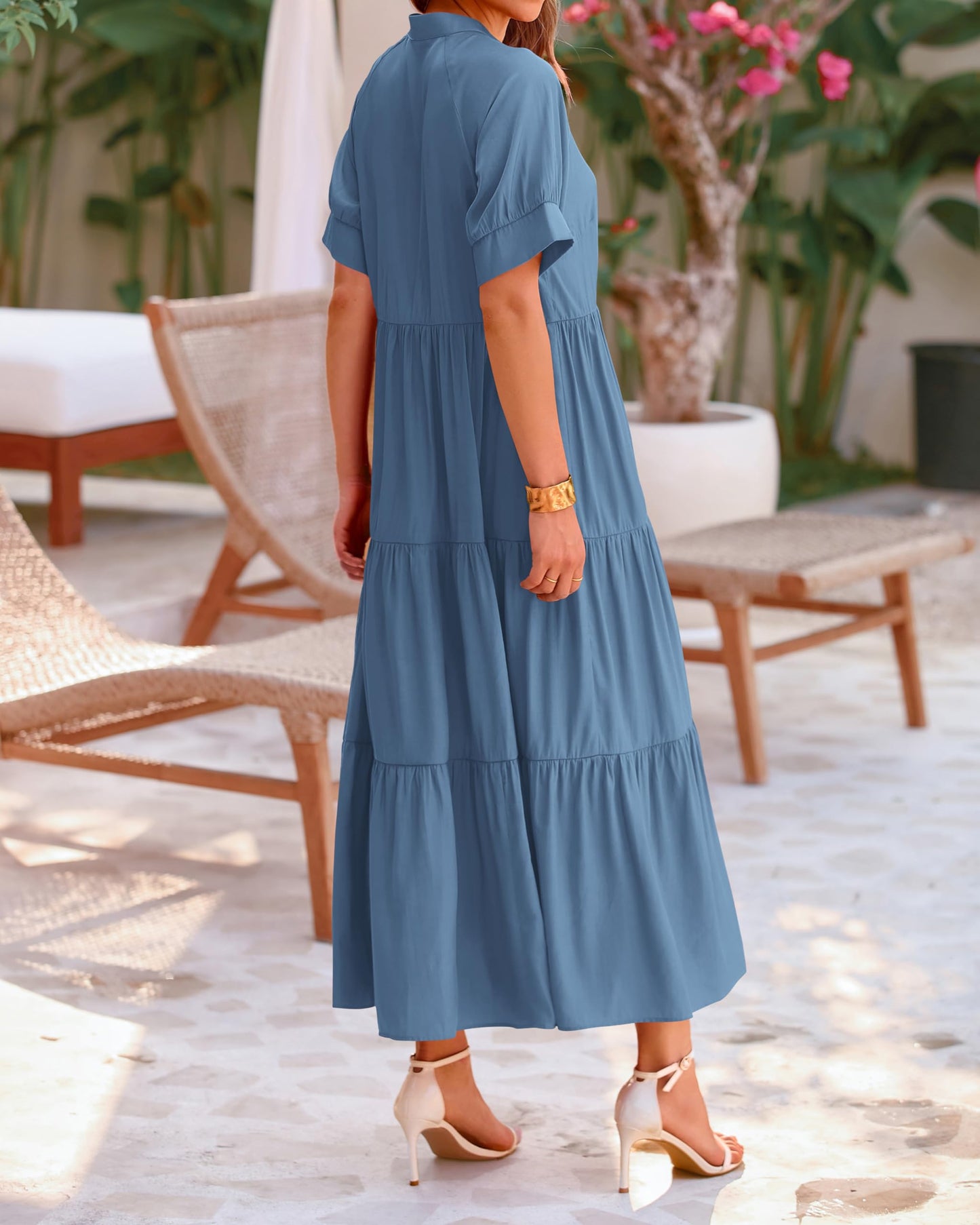 Robe midi plissée décontractée à manches courtes boutonnée pour femme (2 achetés = livraison gratuite)