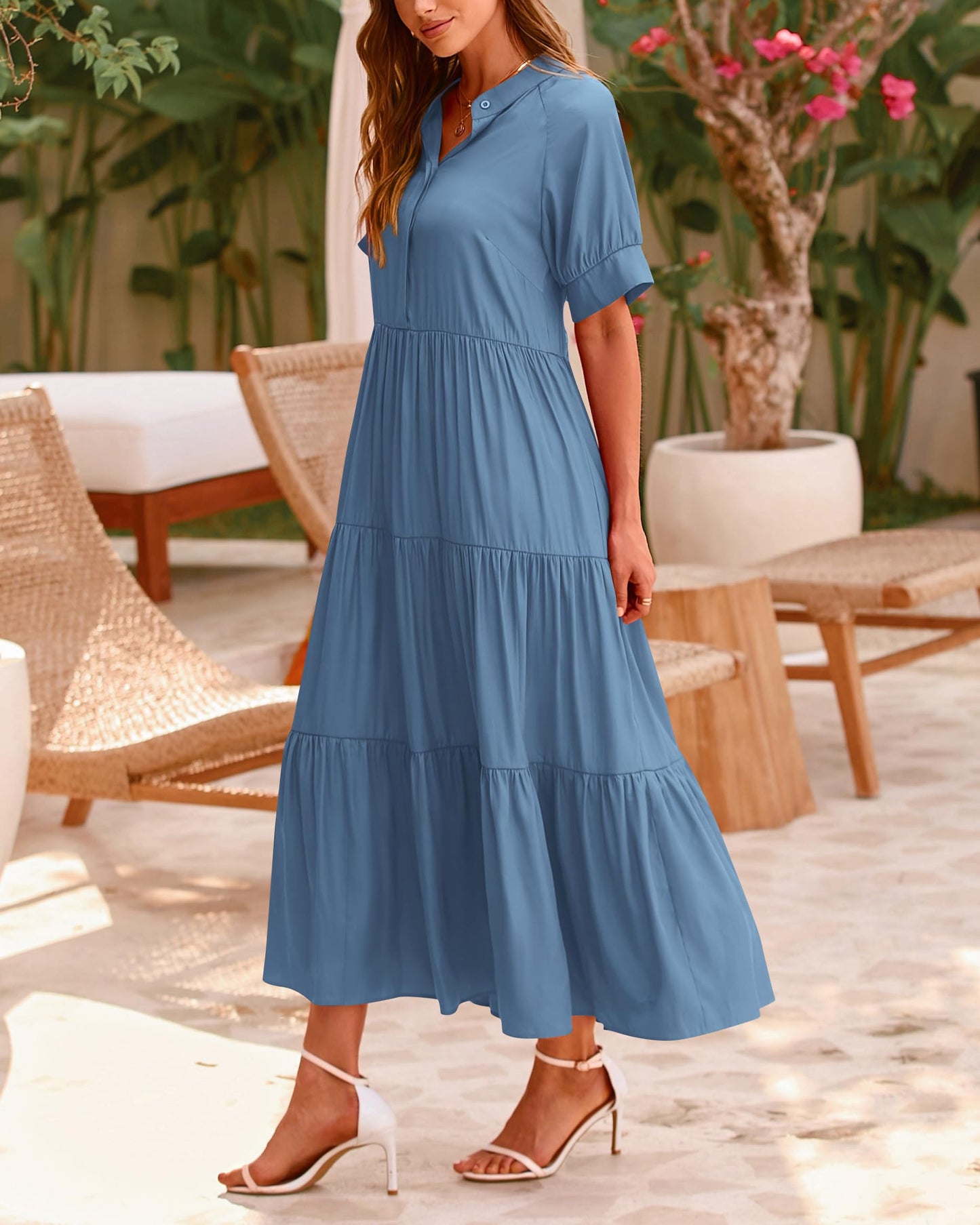 Robe midi plissée décontractée à manches courtes boutonnée pour femme (2 achetés = livraison gratuite)