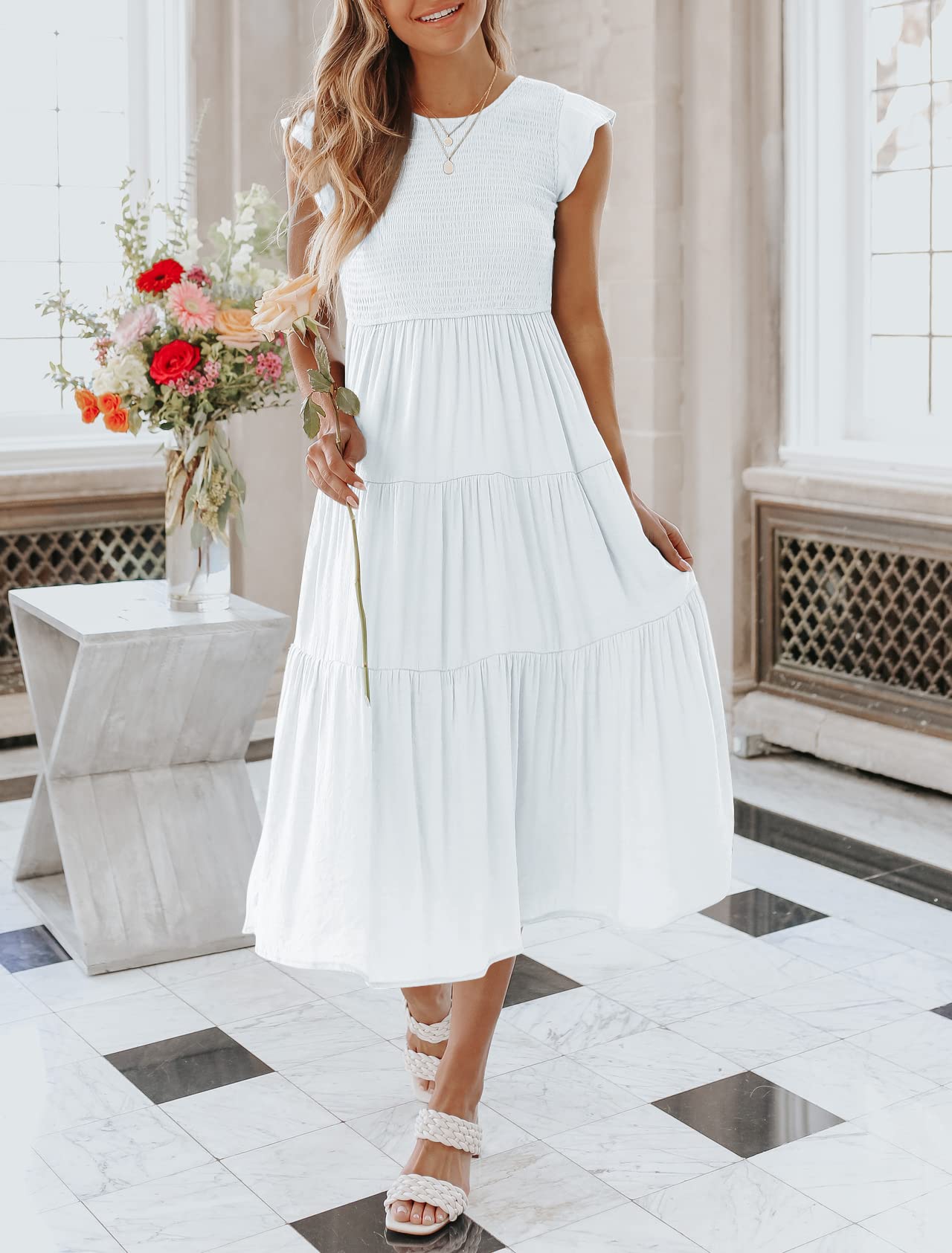 Robe midi décontractée d'été à manches courtes fluides pour femme