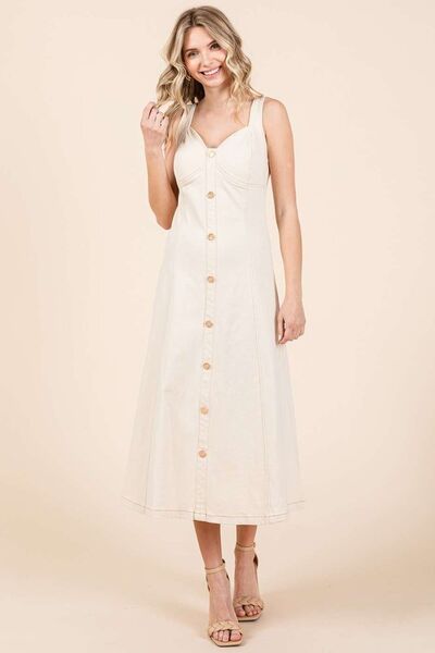 Robe midi sans manches en sergé stretch avec boutons décoratifs Mittoshop