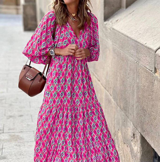 Elegantes Boho-Kleid mit Blumenmuster und Puffärmeln