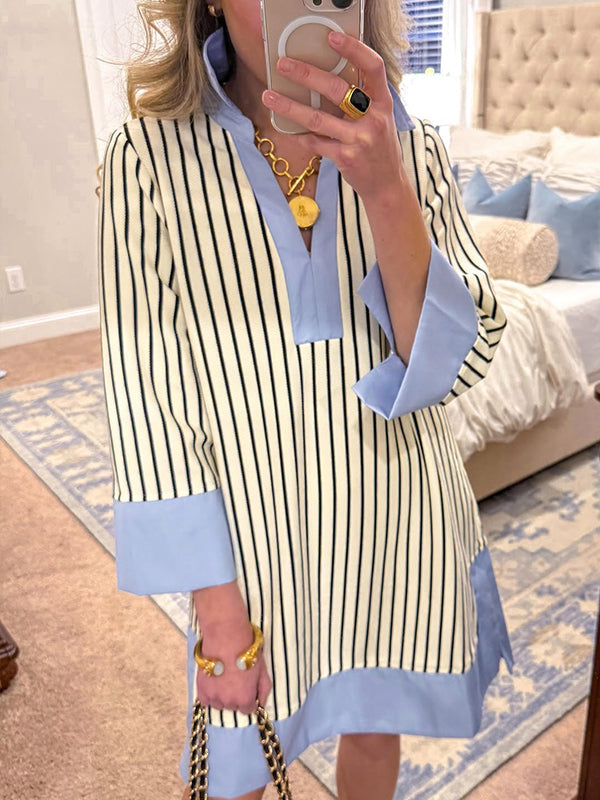 SOLDES🔥 Robe chemise rayée à col et col en V fendu