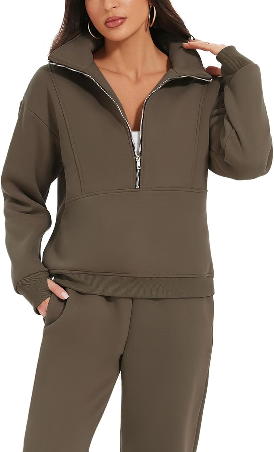 NOUVEAU🔥Ensemble 2 pièces femme, sweat en molleton demi-zip et jogging, survêtement