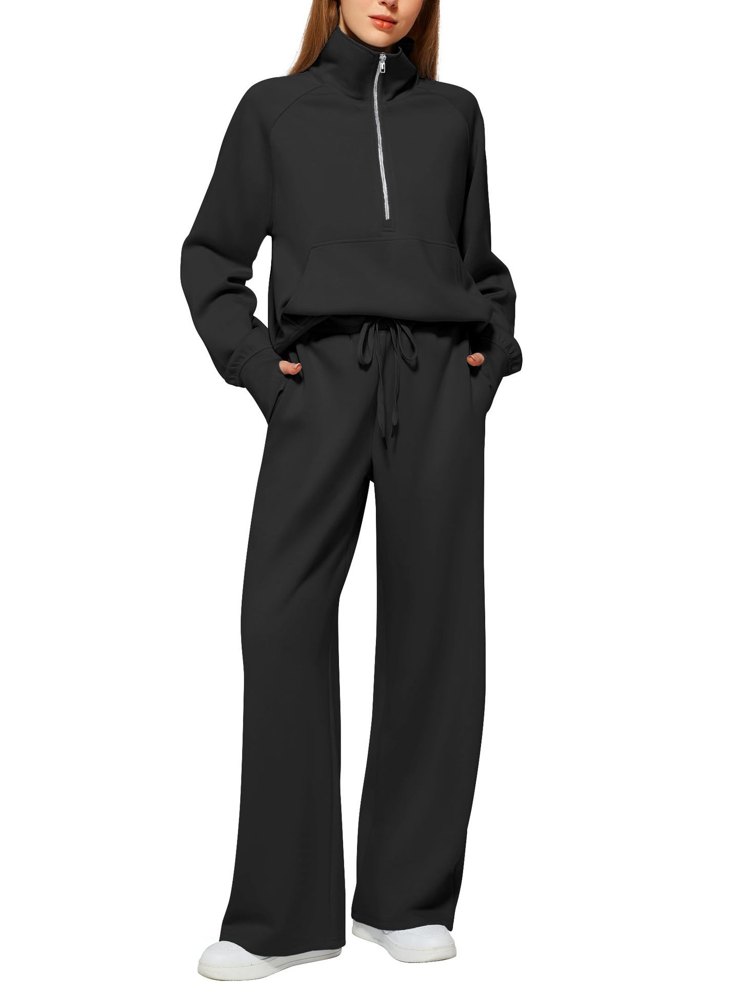 VENTE DE LIQUIDATION🔥 Ensemble deux pièces en coton de couleur unie avec demi-zip pour femme