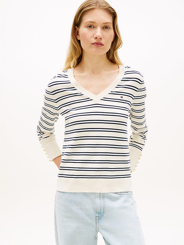 Gold-Tone Button Cuff V-Neck Jumper